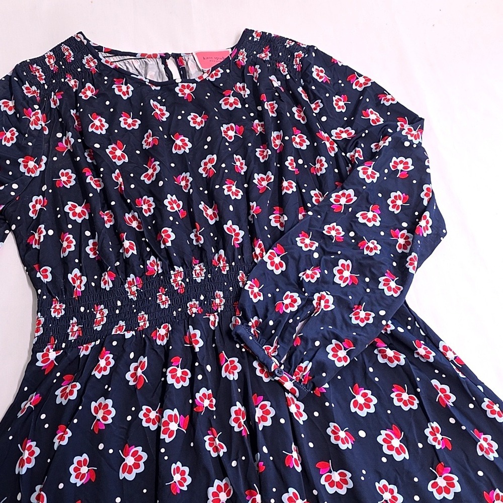 Kate Spade Dress Women L Navy Blue Floral Polka Dot Smocked Waist Long Sleeve